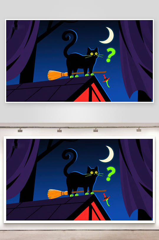 夜空下的黑猫与扫帚-众图网