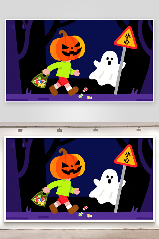 万圣节南瓜头小孩与幽灵-众图网