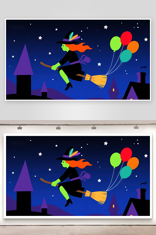 夜空中的女巫与气球-众图网