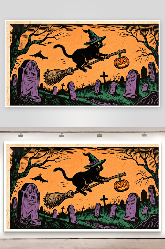 万圣夜猫巫飞行墓地-众图网