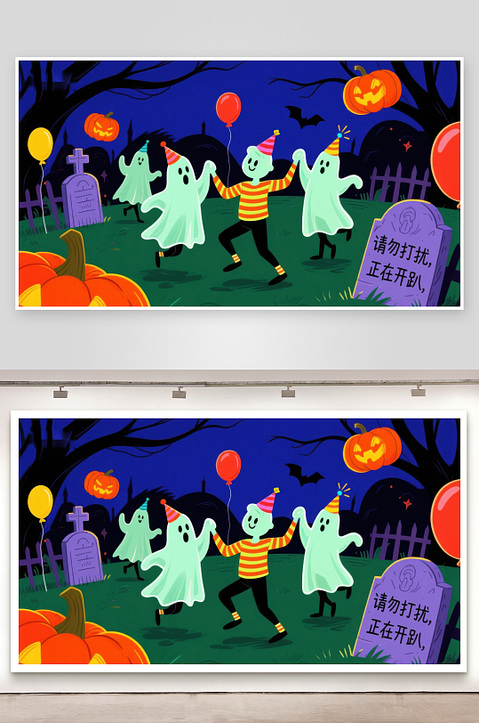 万圣节幽灵与小孩欢乐派对-众图网