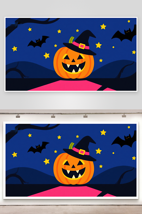 万圣节南瓜灯夜景插画-众图网