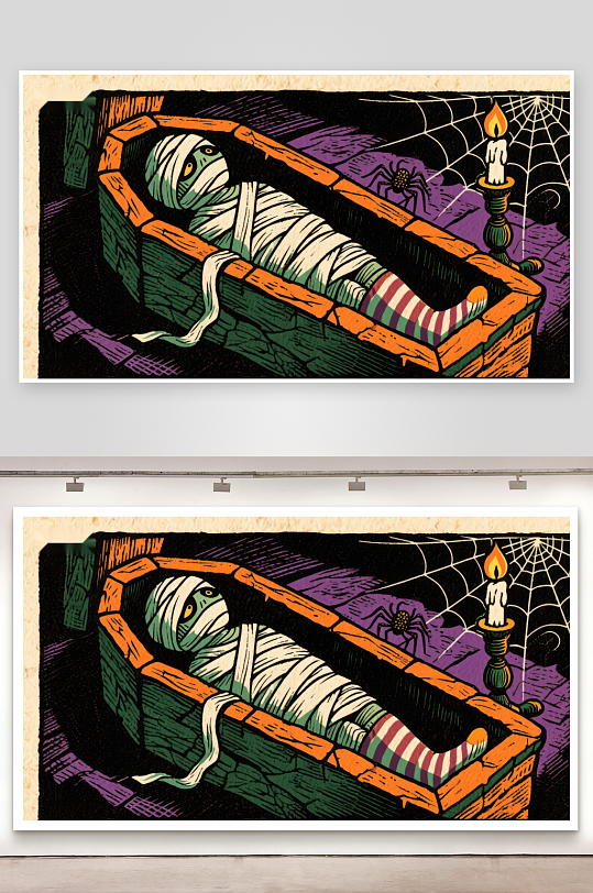 木乃伊躺在棺材中烛光映照-众图网