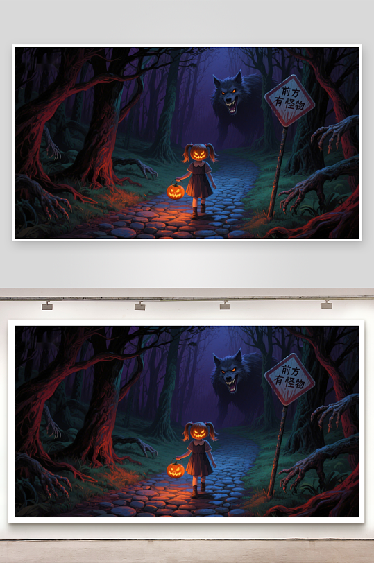 小女孩提灯夜行前方狼影潜伏-众图网