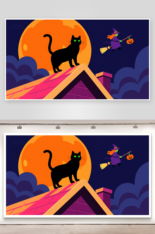 万圣夜屋顶上的黑猫与女巫-众图网