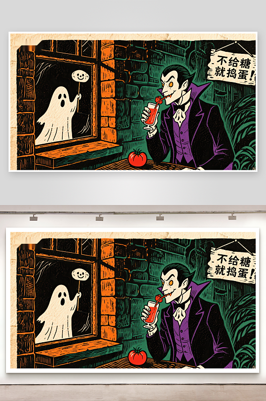 吸血鬼与小鬼的万圣夜对话-众图网