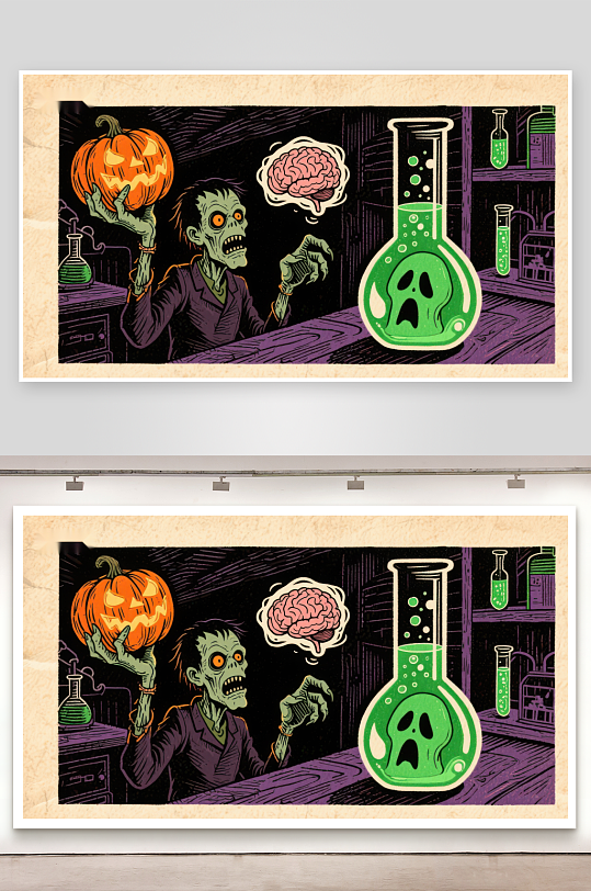 实验室里的南瓜头僵尸与绿色药剂-众图网