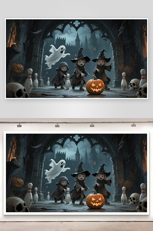 万圣节夜景小巫师与幽灵-众图网