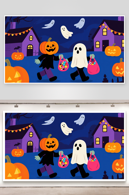 万圣节夜晚的南瓜灯与幽灵-众图网