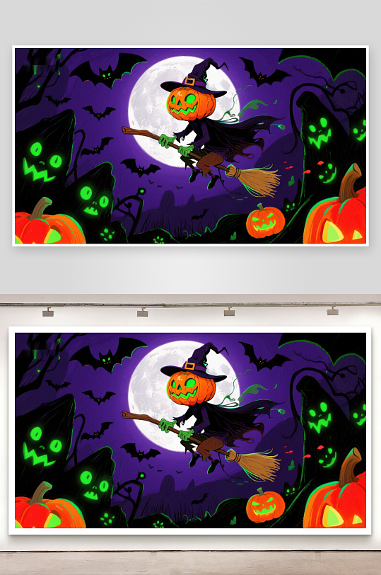 万圣节夜空中的南瓜头女巫-众图网