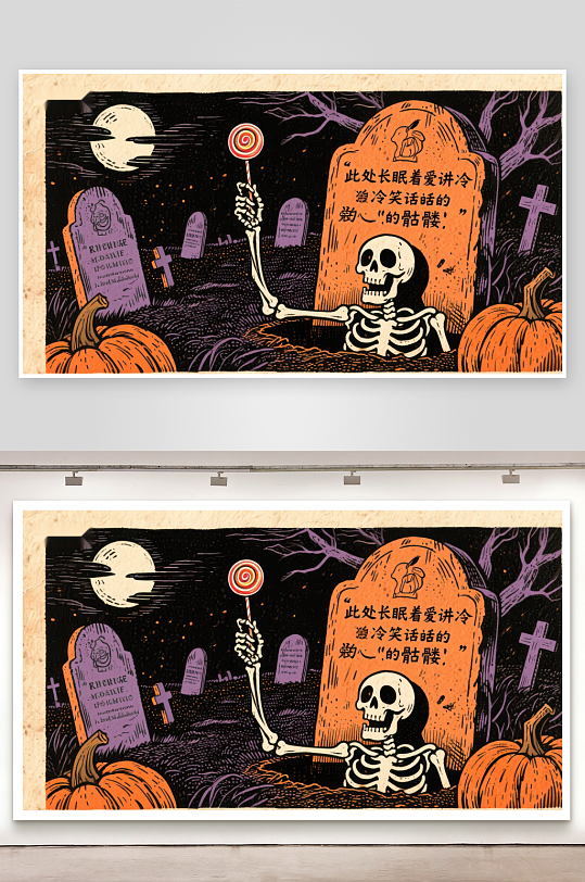 墓地中的骷髅手持棒棒糖-众图网