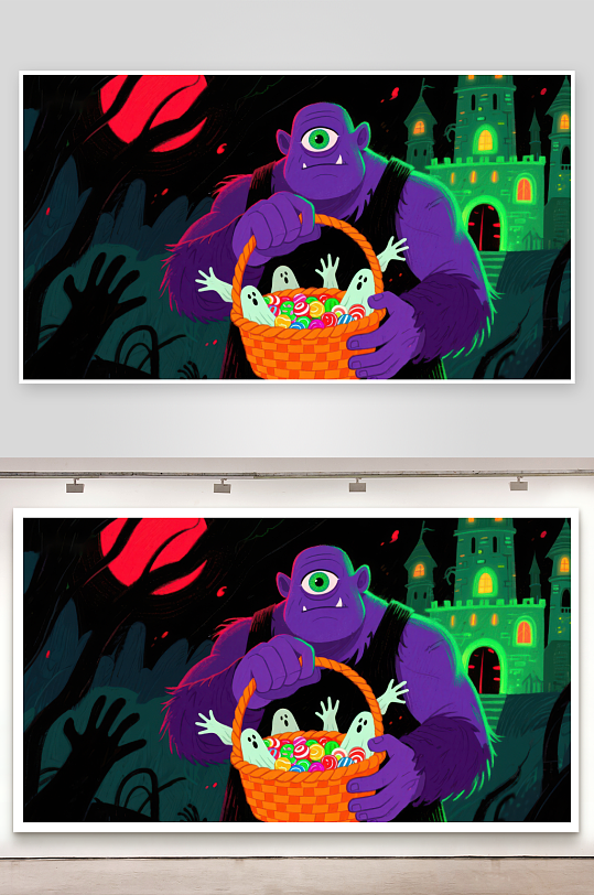 怪兽手捧糖果篮万圣夜奇幻场景-众图网