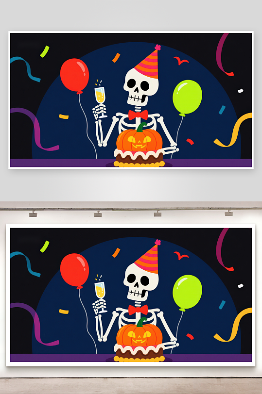 骷髅庆祝万圣节手持南瓜蛋糕-众图网