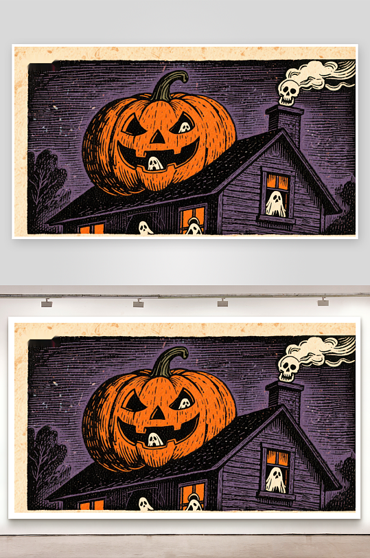 万圣节南瓜与幽灵屋-众图网