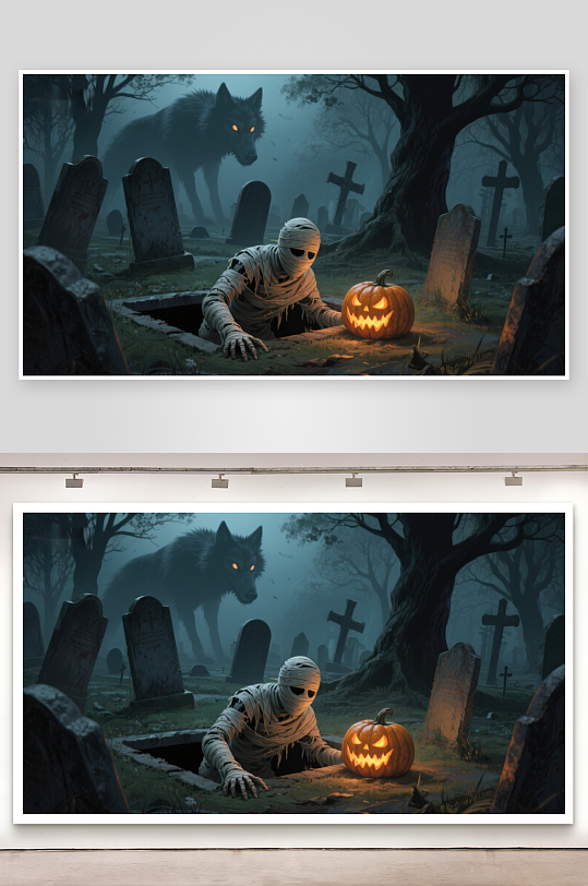 墓地南瓜灯旁的木乃伊与狼-众图网