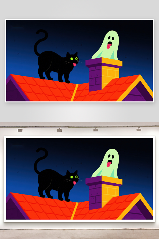 屋顶上的黑猫与鬼魂-众图网