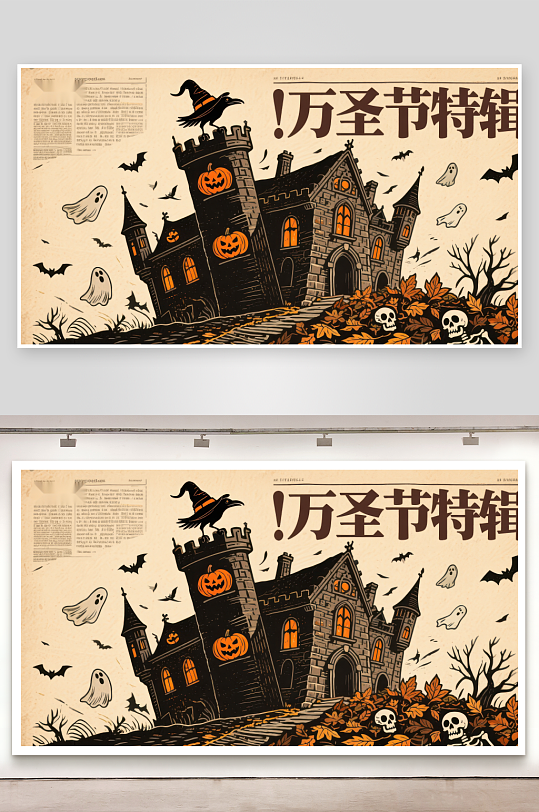 万圣节特辑幽灵城堡与南瓜灯-众图网
