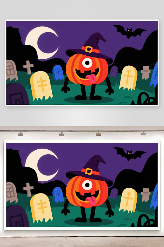 万圣节南瓜角色在墓地夜景中-众图网