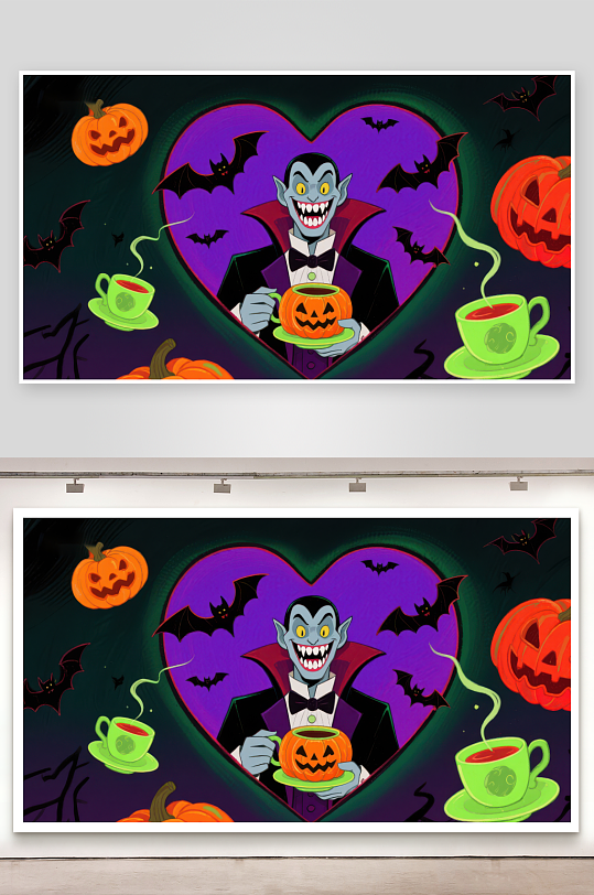 吸血鬼捧南瓜灯心形背景的万圣节场景-众图网