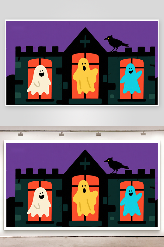 万圣节鬼屋三只小鬼在窗前-众图网