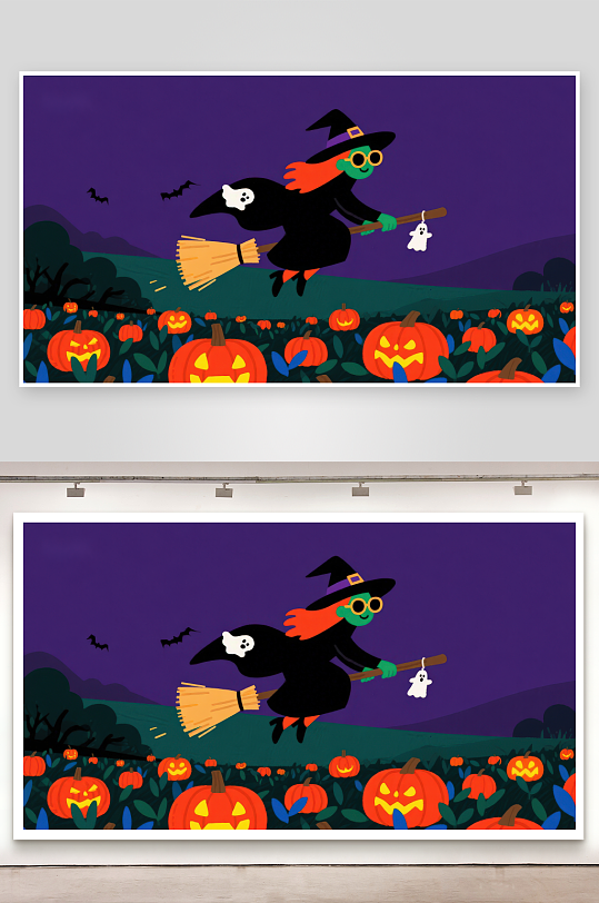 万圣节女巫骑扫帚飞过南瓜灯-众图网