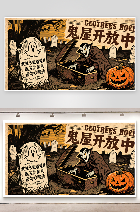鬼屋开放中幽灵与南瓜的万圣节场景-众图网