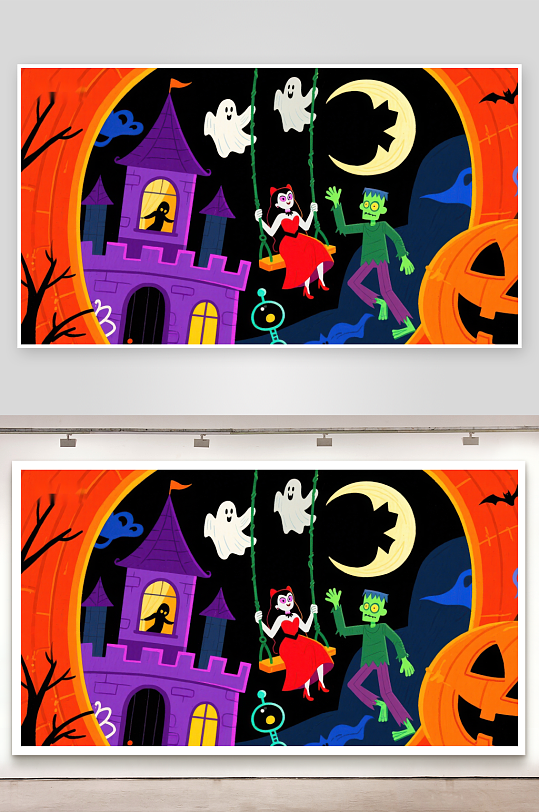 万圣节夜景鬼屋幽灵与南瓜灯-众图网