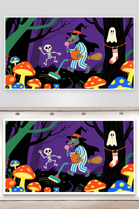 万圣节森林中的欢乐幽灵与狼人-众图网