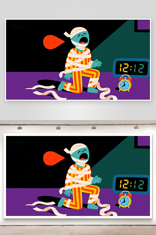 被绑带缠绕的卡通人物深夜惊恐-众图网