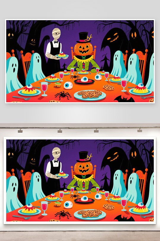 万圣节餐桌上的幽灵与南瓜灯-众图网