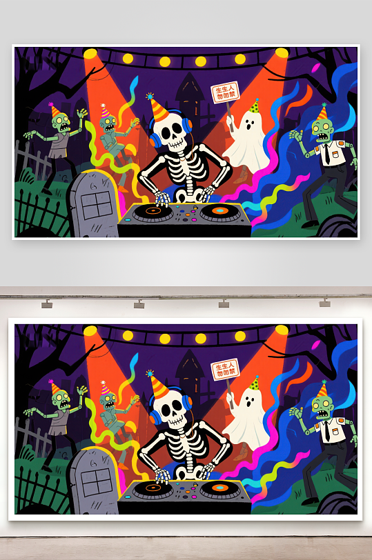 骷髅DJ在万圣节派对上表演-众图网