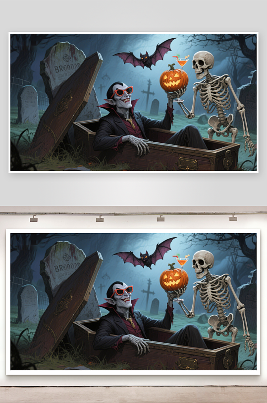 墓地中的吸血鬼与骷髅共庆万圣节-众图网