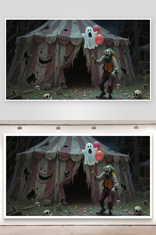 恐怖小丑手持气球背景破旧帐篷-众图网