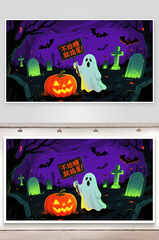 万圣节幽灵南瓜灯夜景-众图网