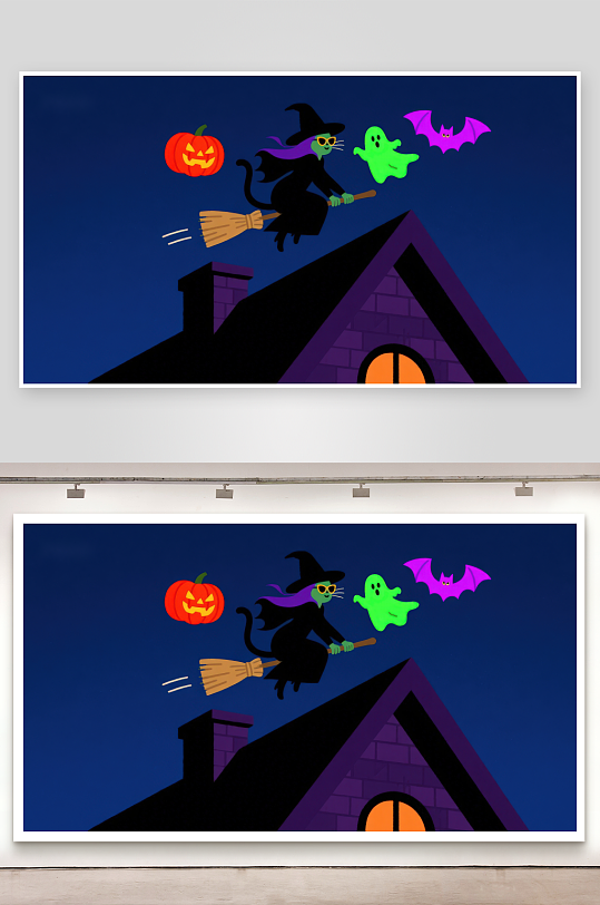 万圣夜巫女骑扫帚飞过屋顶-众图网