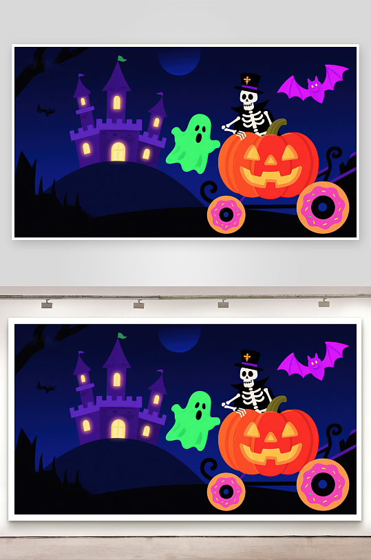 万圣节南瓜车与幽灵城堡夜景-众图网
