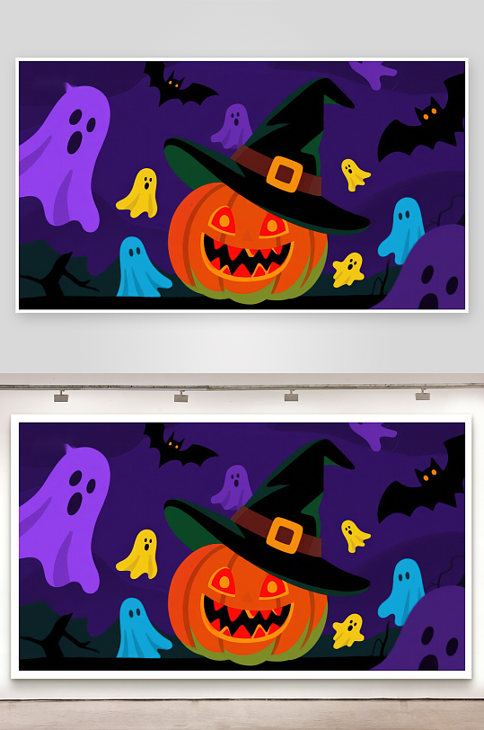 万圣节南瓜与幽灵蝙蝠的夜景-众图网