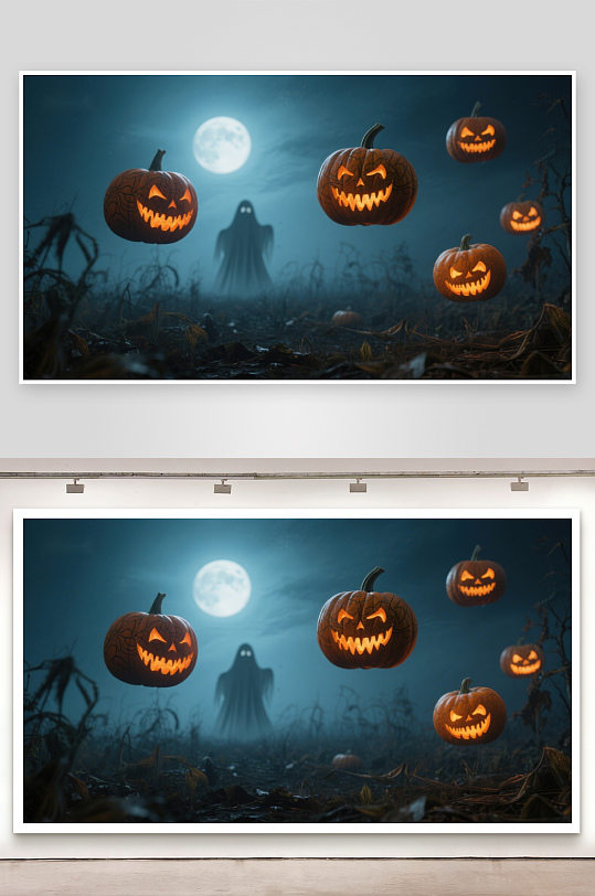 月夜南瓜灯与幽灵-众图网