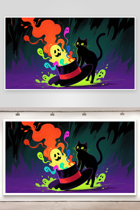 魔法帽中冒出的幽灵与黑猫-众图网