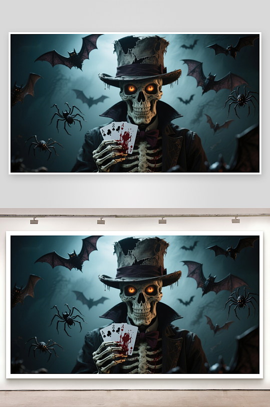 骷髅绅士手持扑克牌蝙蝠环绕-众图网