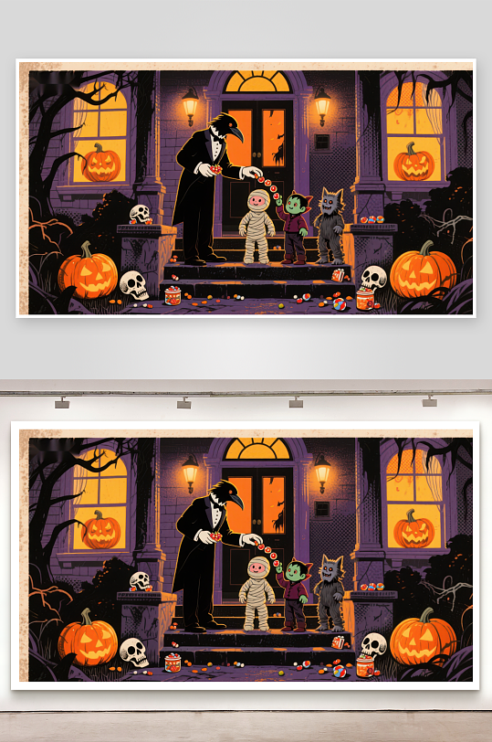 万圣节夜幽灵屋前分发糖果-众图网