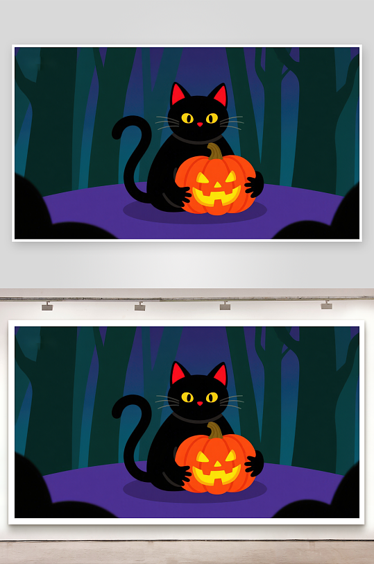 万圣节黑猫怀抱南瓜灯-众图网