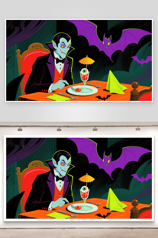 吸血鬼享用晚餐蝙蝠环绕-众图网