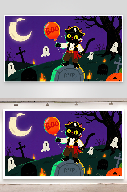 万圣节夜景猫咪海盗与幽灵-众图网
