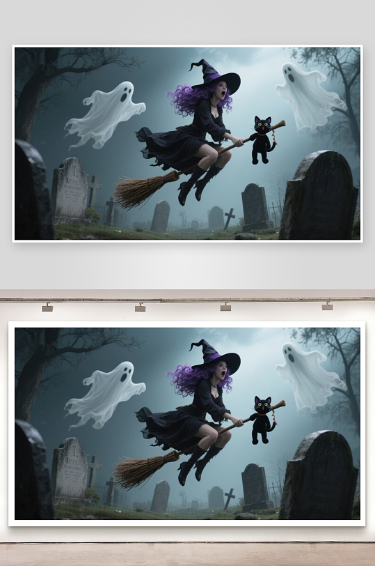 女巫骑扫帚飞越墓地幽灵伴随-众图网