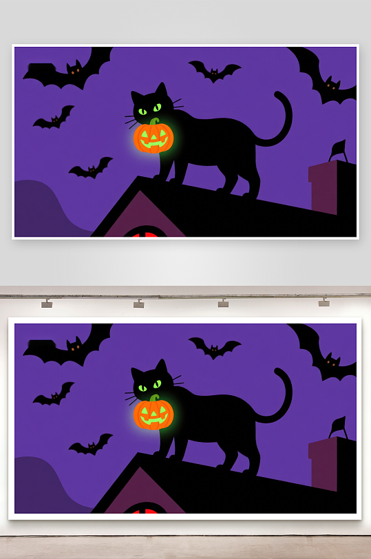 黑猫屋顶持南瓜灯夜空蝙蝠飞-众图网