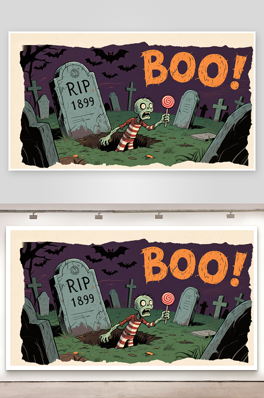 墓地僵尸手持糖果夜空蝙蝠飞舞-众图网