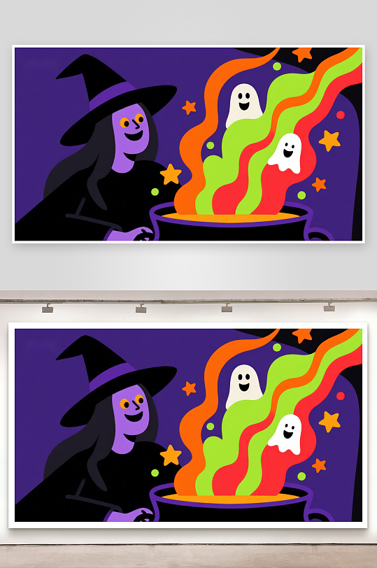 巫师与魔法锅中的彩色幽灵-众图网