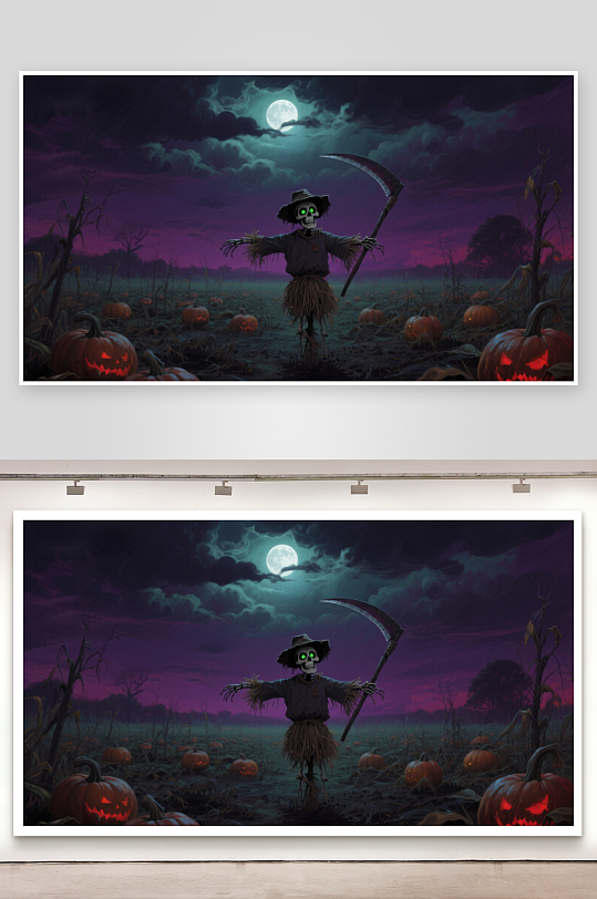 万圣节南瓜田里的骷髅稻草人-众图网