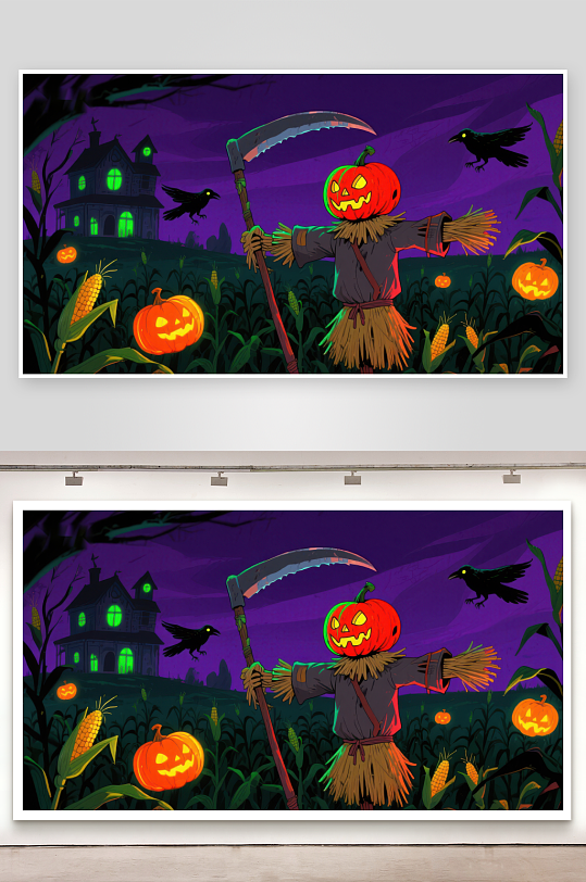 万圣节南瓜稻草人手持镰刀-众图网